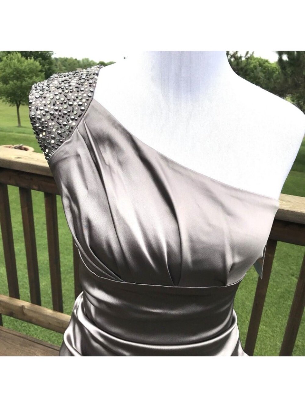 Suzi Chin Maggy One Shoulder Sheath Formal Dress Size 2 Taupe Ruched Embellished - Picture 4 of 12